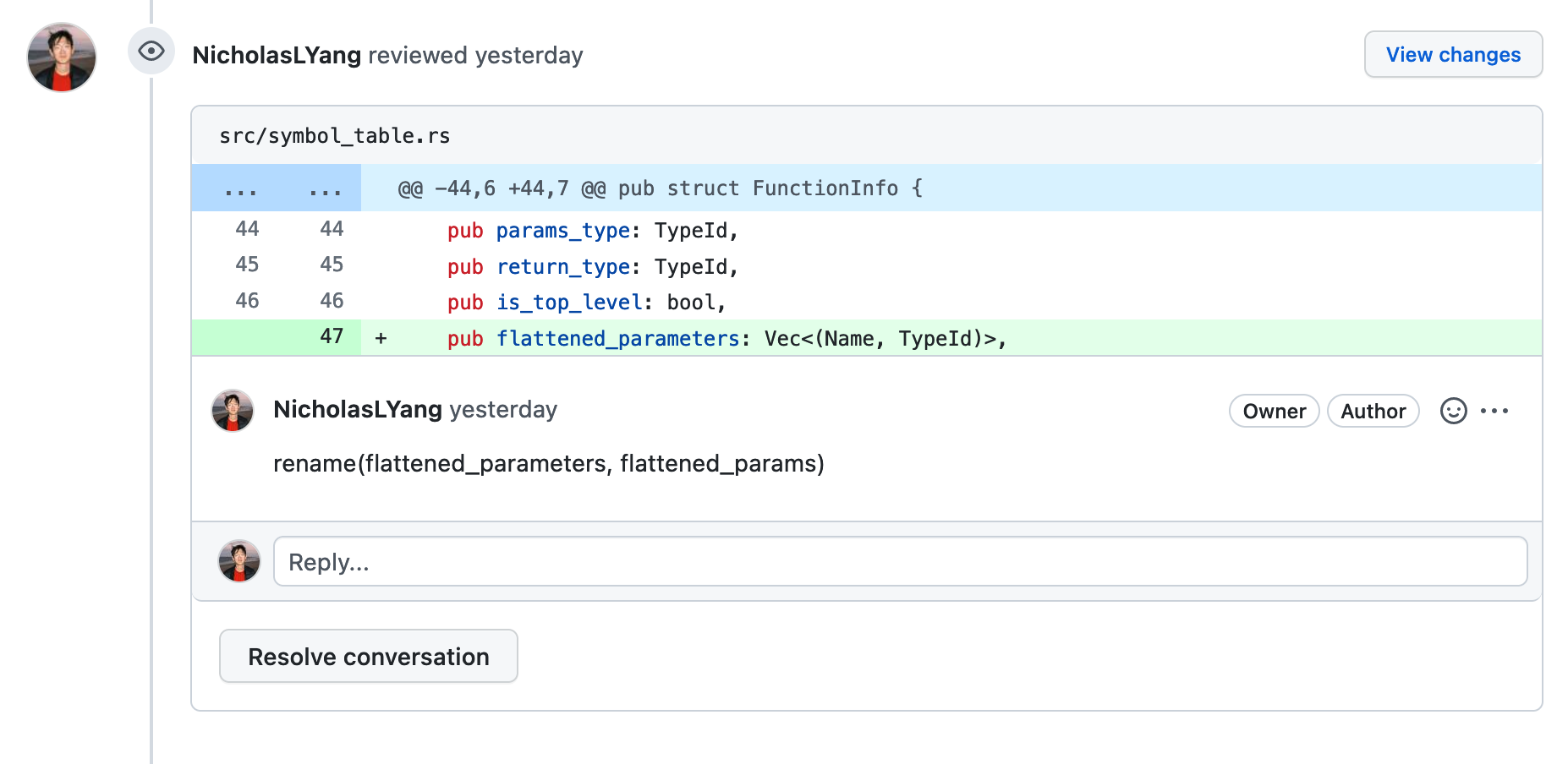 A comment on a pull request that says "rename(flattened_parameters,
flattened_params)"